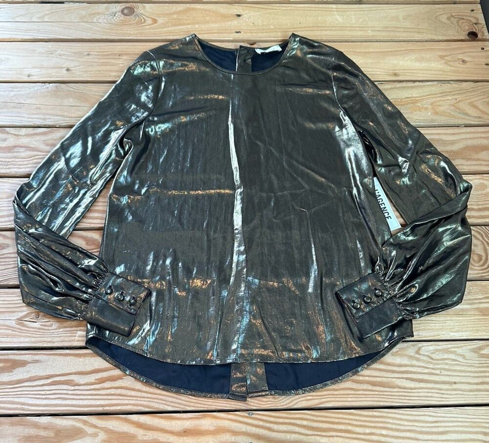 L’agence NWT Women’s Back Button Metallic Blouse Size XS Gold F1